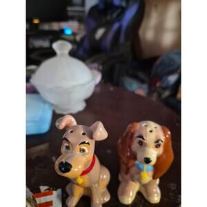 Disney Lady + The Tramp Ceramic Salt And Pepper Shakers Set W/Stoppers Free Ship